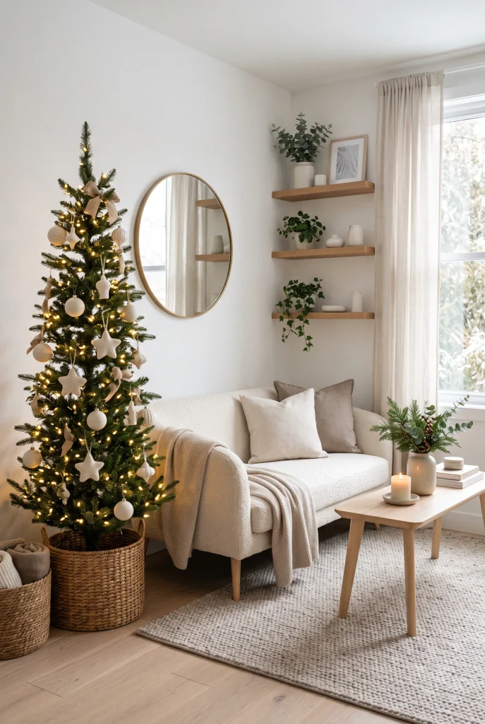 Small modern living room with slim Christmas tree and neutral decorations