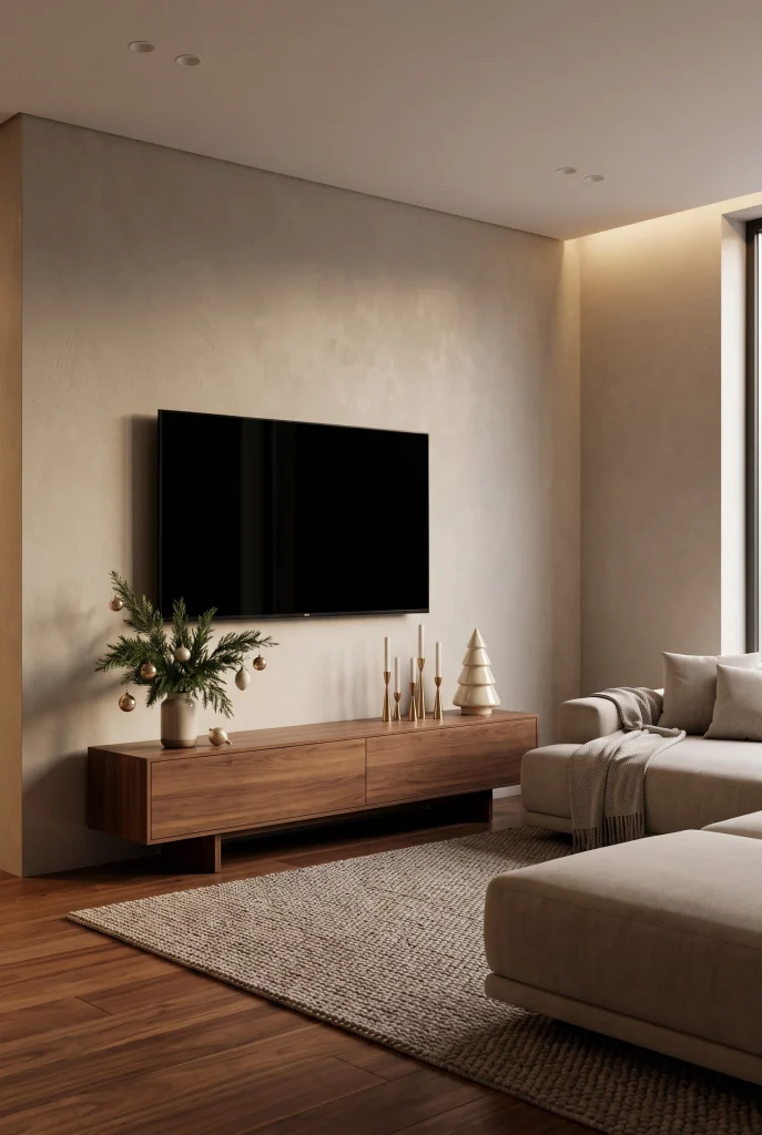 Modern TV wall with Christmas greenery, brass accents, and a walnut media console