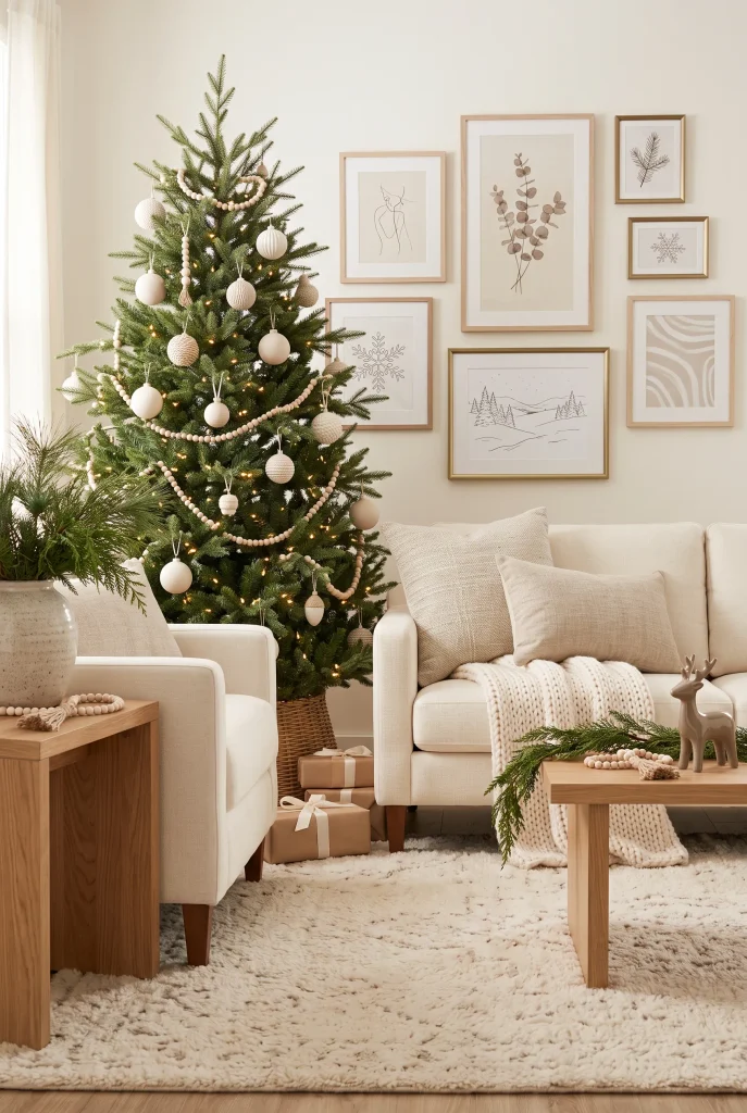 Neutral Christmas living room with gallery wall, evergreen accents, and decorated tree