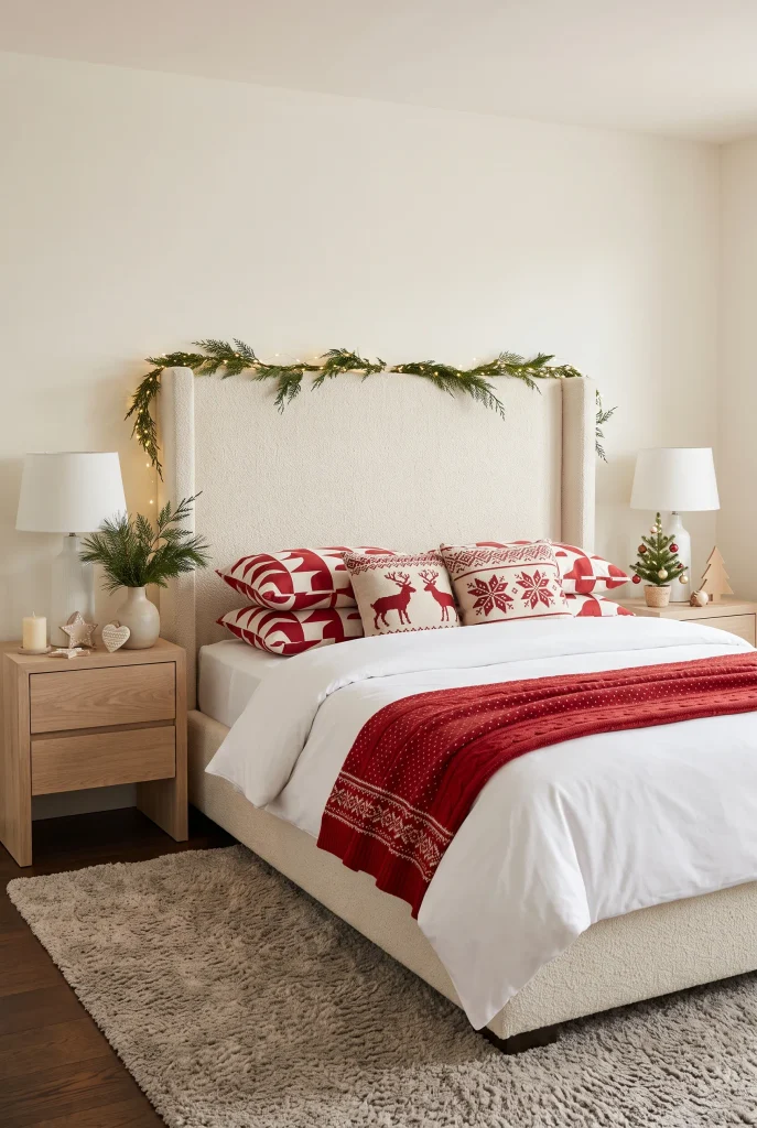 Nordic Christmas bedroom with white bedding, red geometric pillows, and simple greenery