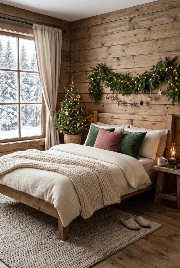 Scandinavian cabin Christmas bedroom with wood walls, wool bedding, and natural decorations