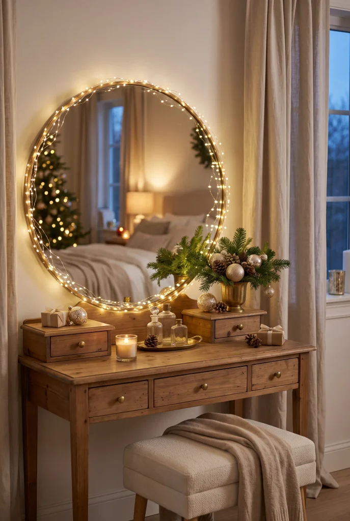 Christmas lights framing a round mirror above an elegant bedroom dressing table
