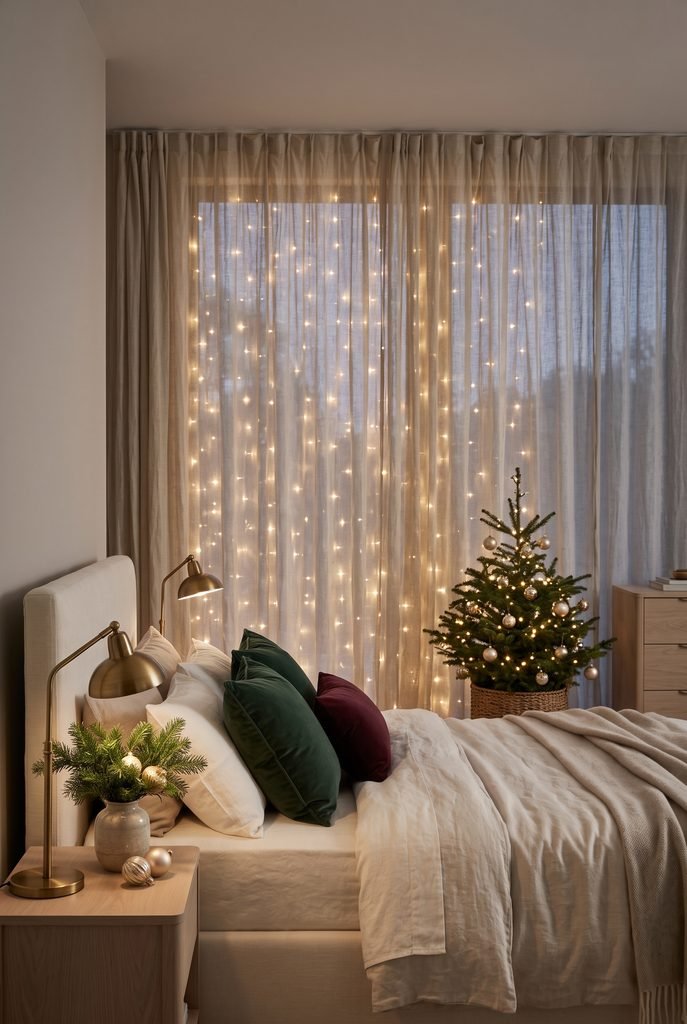 Warm Christmas lights glowing behind sheer bedroom curtains