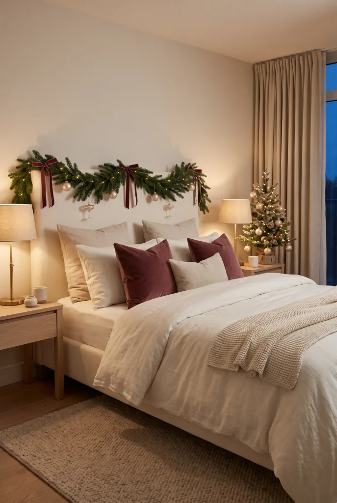 Neutral Christmas bedroom with muted burgundy velvet accents