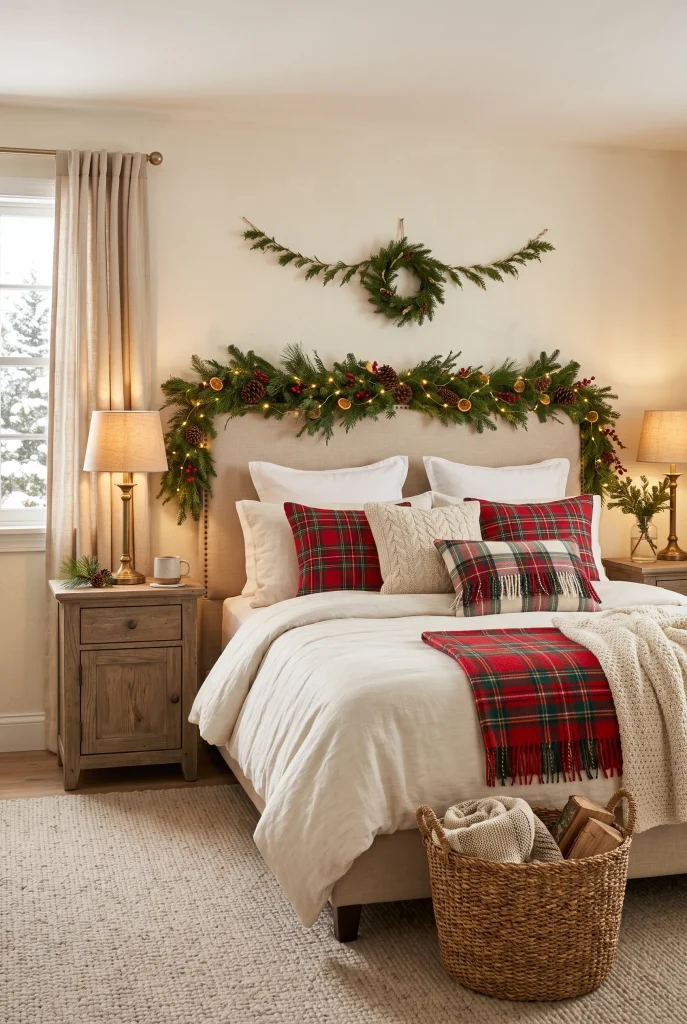 Christmas bed with red and green plaid pillows and evergreen garland