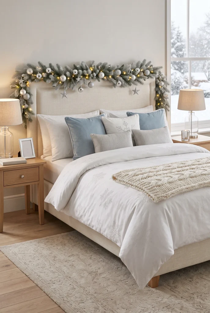 Winter bedroom with snowflake patterned white bedding, blue accents, and frosted greenery