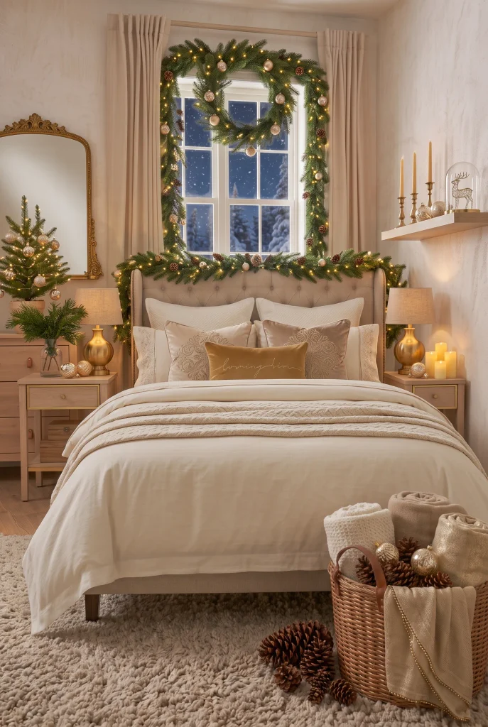 Elegant Christmas bedroom with gold ornaments, brass lamps, and evergreen branches