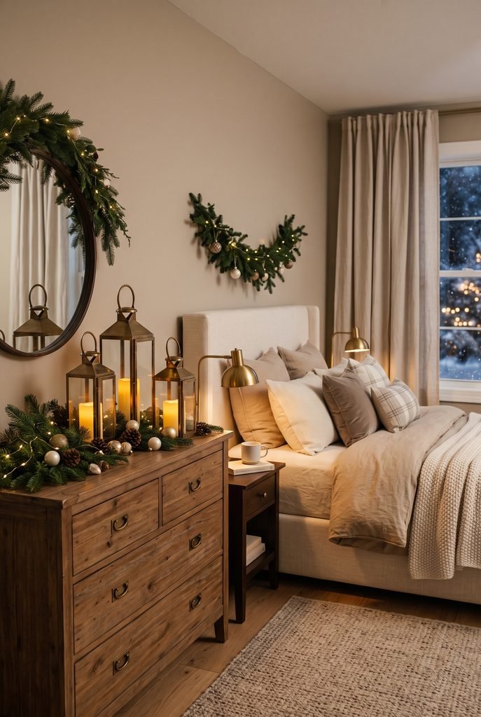 Christmas bedroom dresser decorated with lanterns, LED candles, evergreen branches, and pinecones
