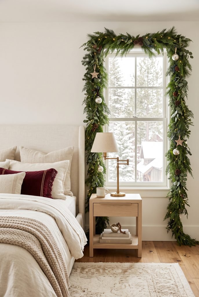 Christmas bedroom window framed with evergreen garland and warm lights