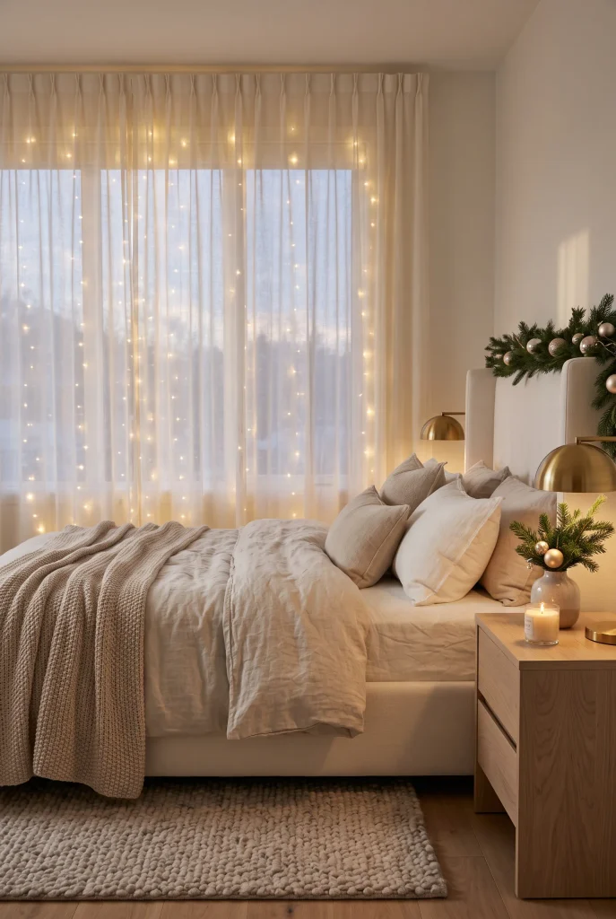 Warm white Christmas lights glowing behind sheer bedroom curtains