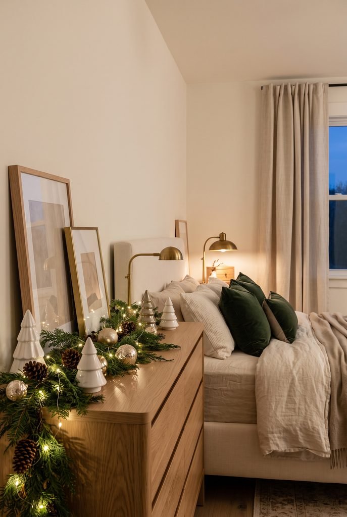 Christmas fairy lights decorating a bedroom dresser