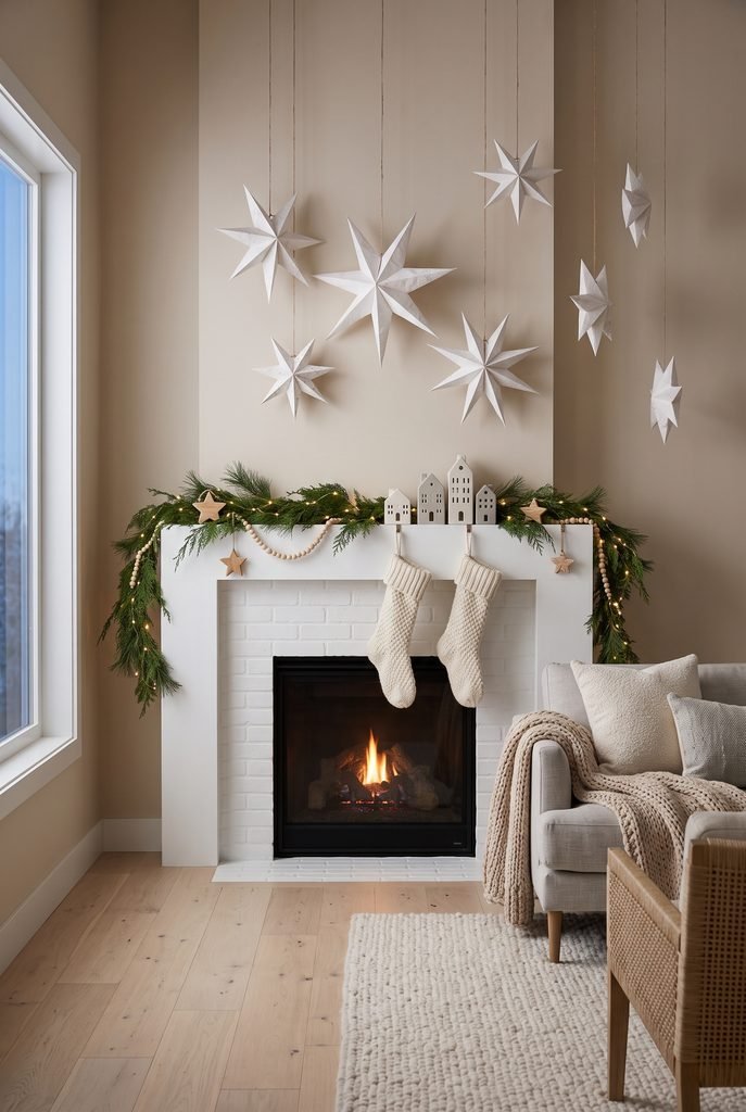 Christmas mantel with handmade paper stars, evergreen garland, wooden ornaments, and warm lights