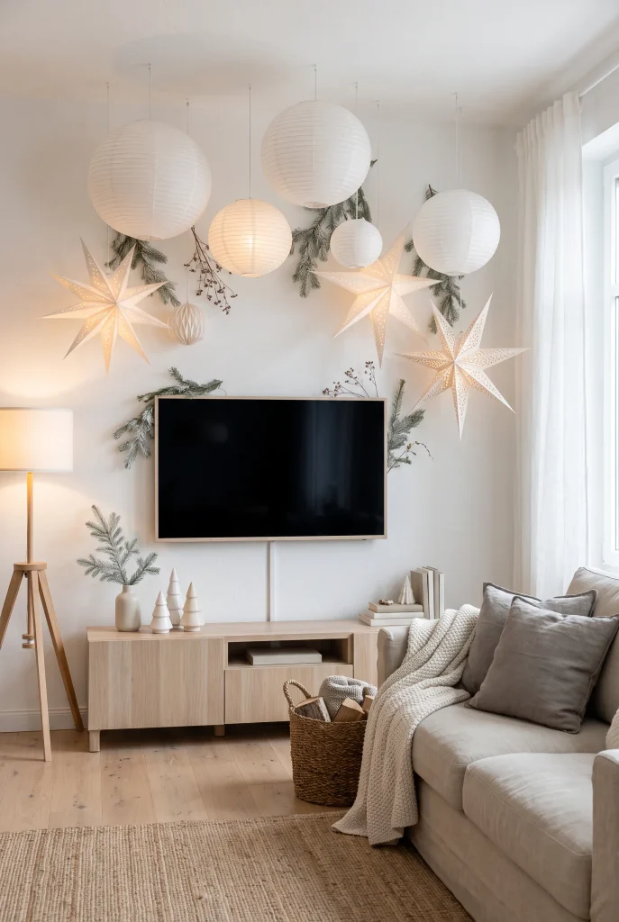 Scandinavian Christmas TV wall decorated with oversized white paper stars