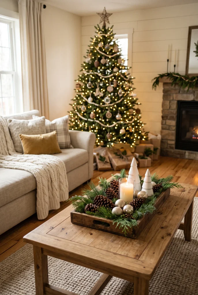 Christmas coffee table tray filled with pinecones, greenery, and candles