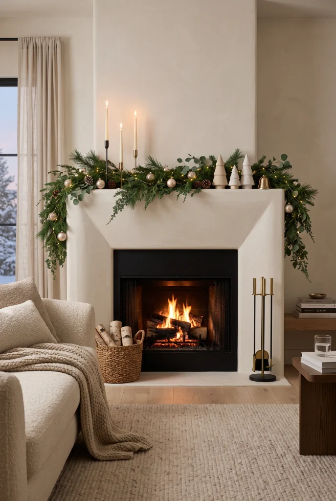 Contemporary Christmas mantel decorated with evergreen branches and ivory candles