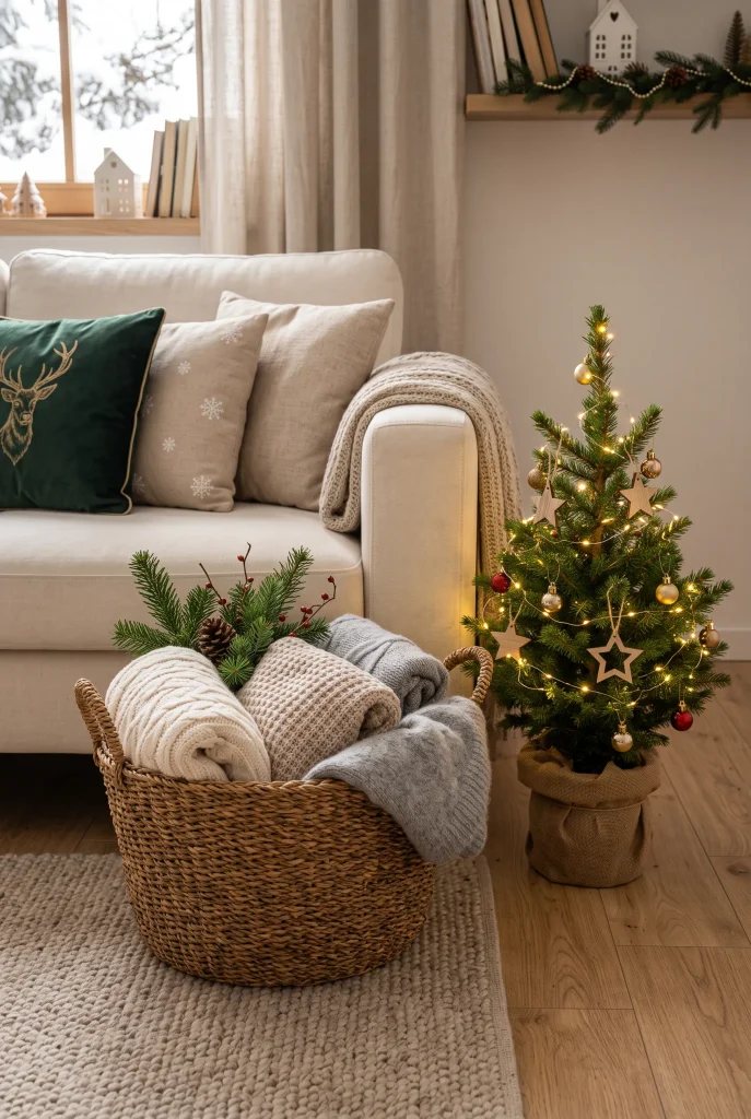 Woven basket filled with blankets and evergreen branches beside a sofa