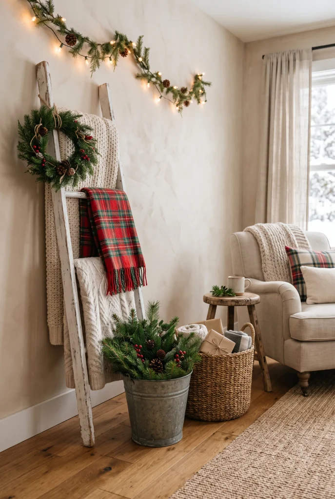 Farmhouse Christmas corner with wooden ladder, blankets, and evergreen branches