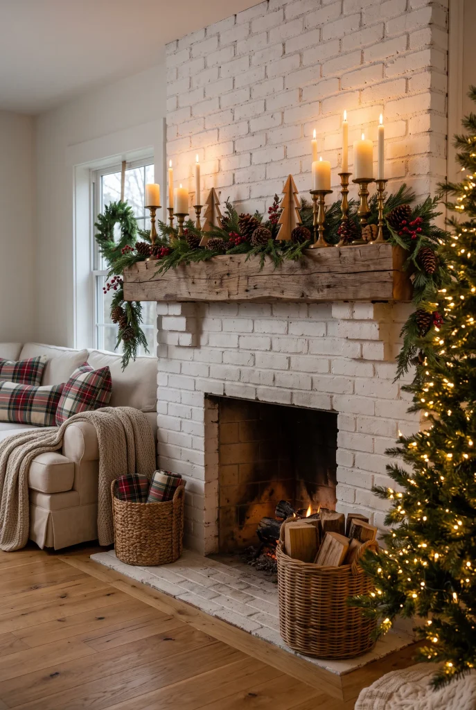 Farmhouse Christmas mantel decorated with candles, greenery, and rustic accents