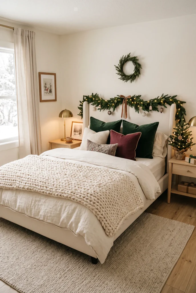 Cozy Christmas bed with chunky knitted throw and layered neutral bedding