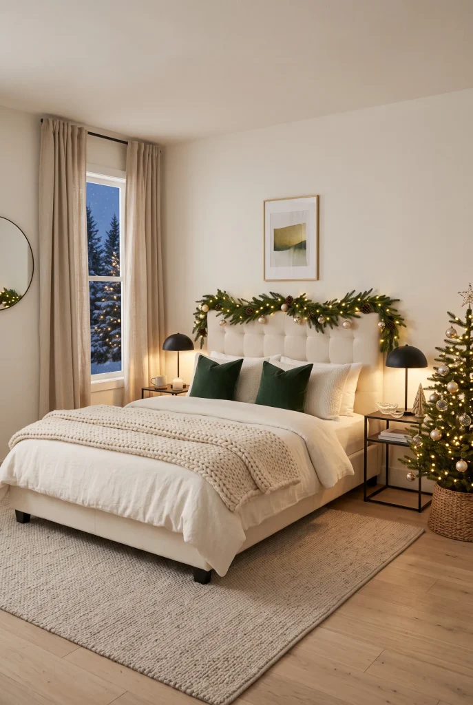 Modern Christmas bedroom with cream bedding, black accents, greenery, and gold ornaments