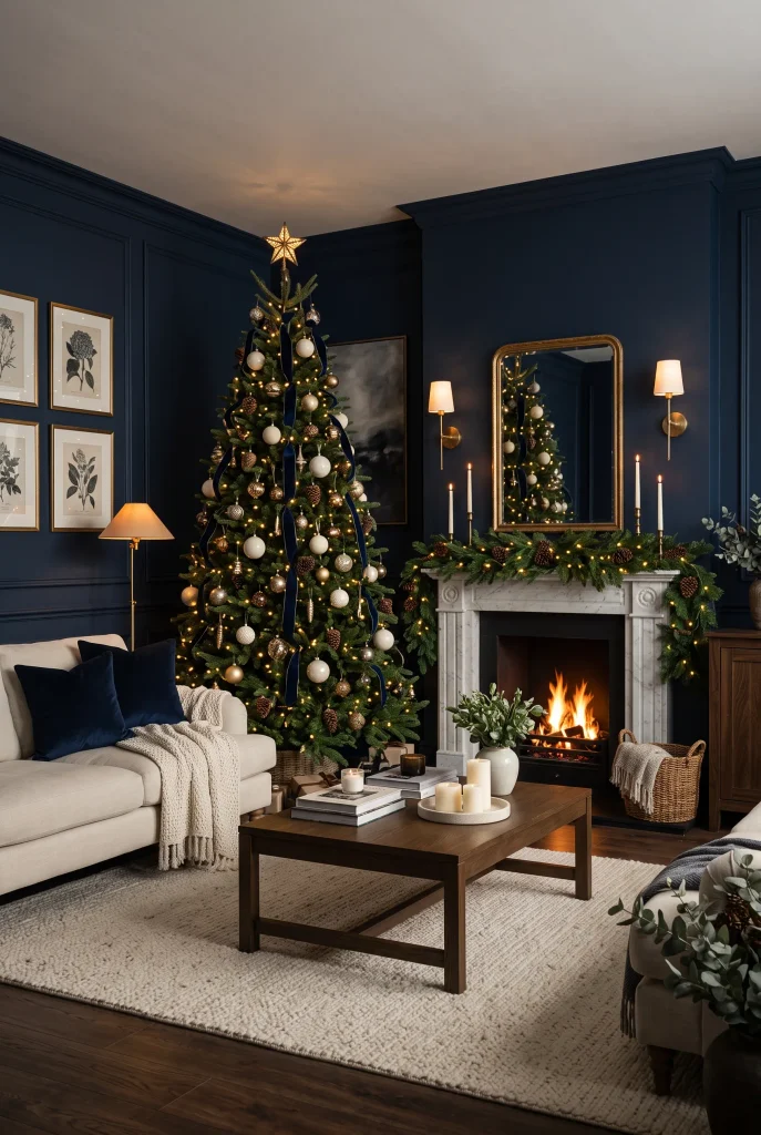 Moody navy and brass Christmas living room with glowing evergreen tree