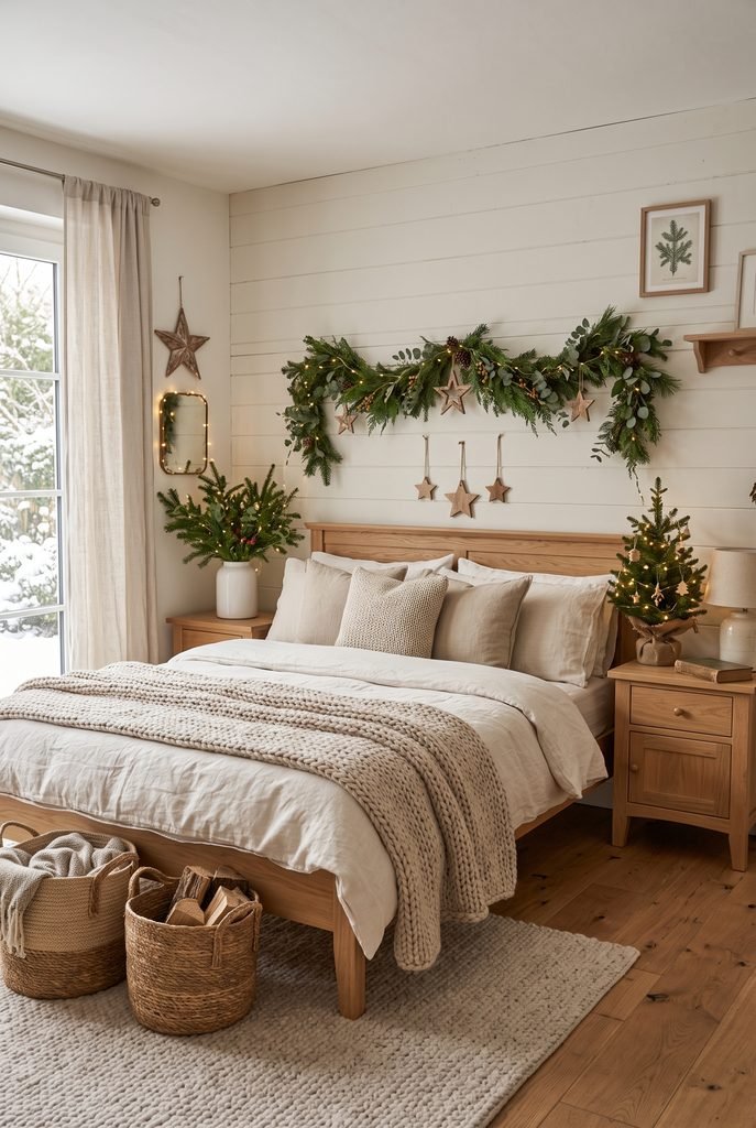 Neutral Christmas bedroom with natural wood furniture, cream bedding, and evergreen accents