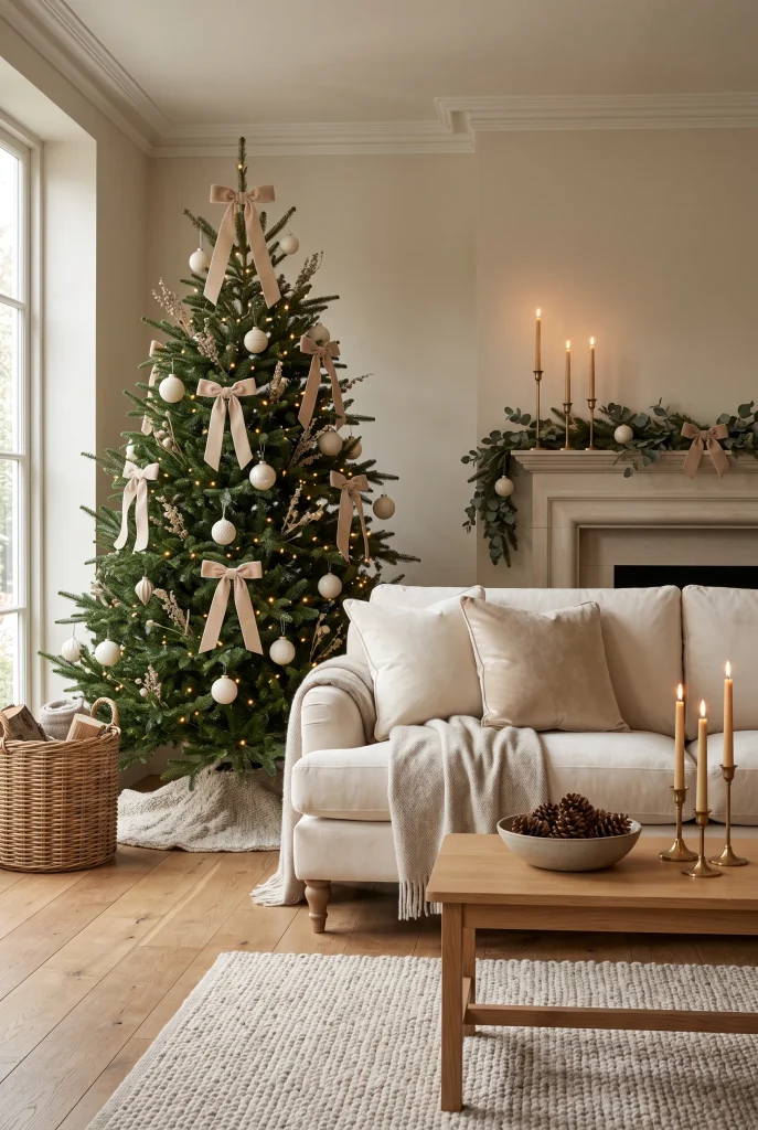 Elegant neutral Christmas living room with velvet cushions and soft beige tree ribbon