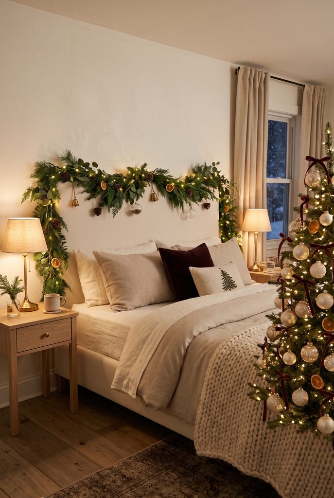 Small decorated Christmas tree beside a cozy cream upholstered bed