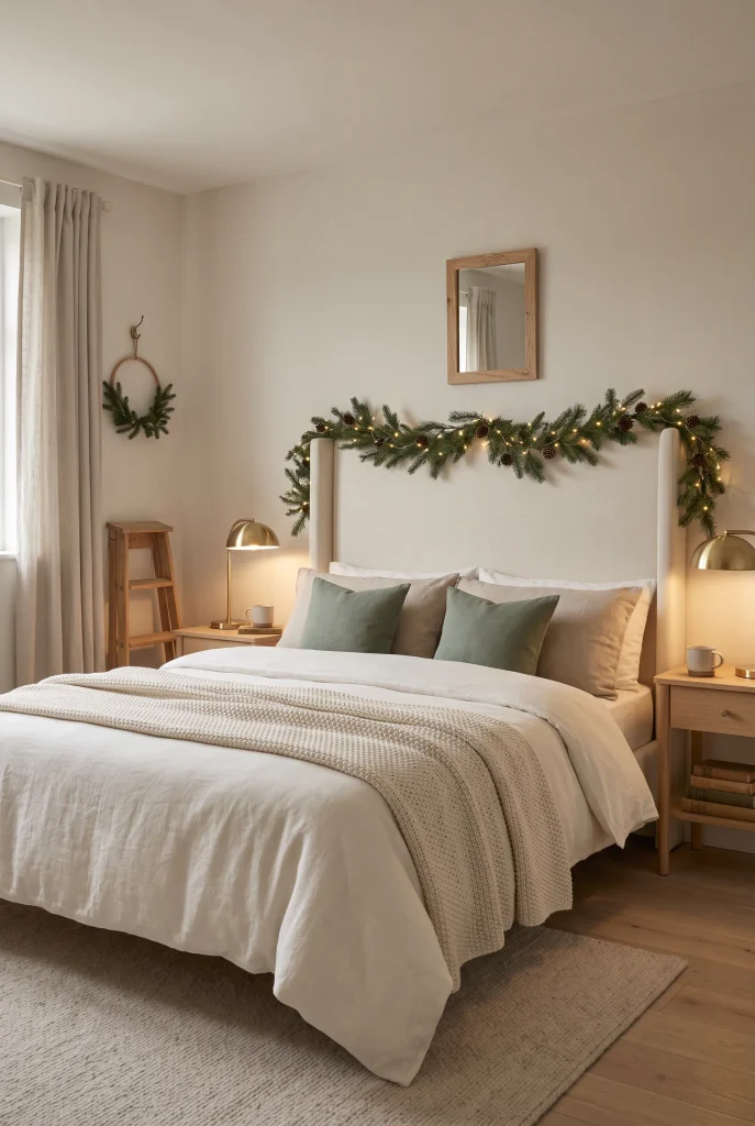 Cream upholstered bed decorated with a subtle evergreen Christmas garland
