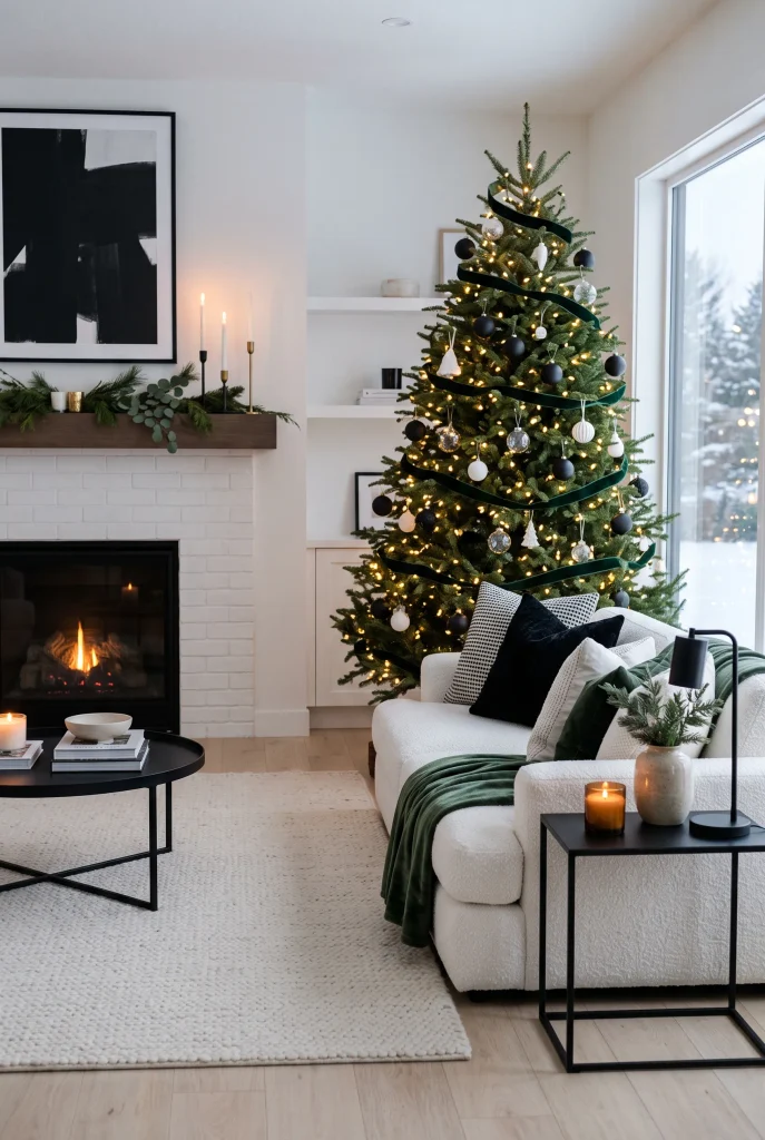 Modern Christmas living room with black, white, and green holiday decor