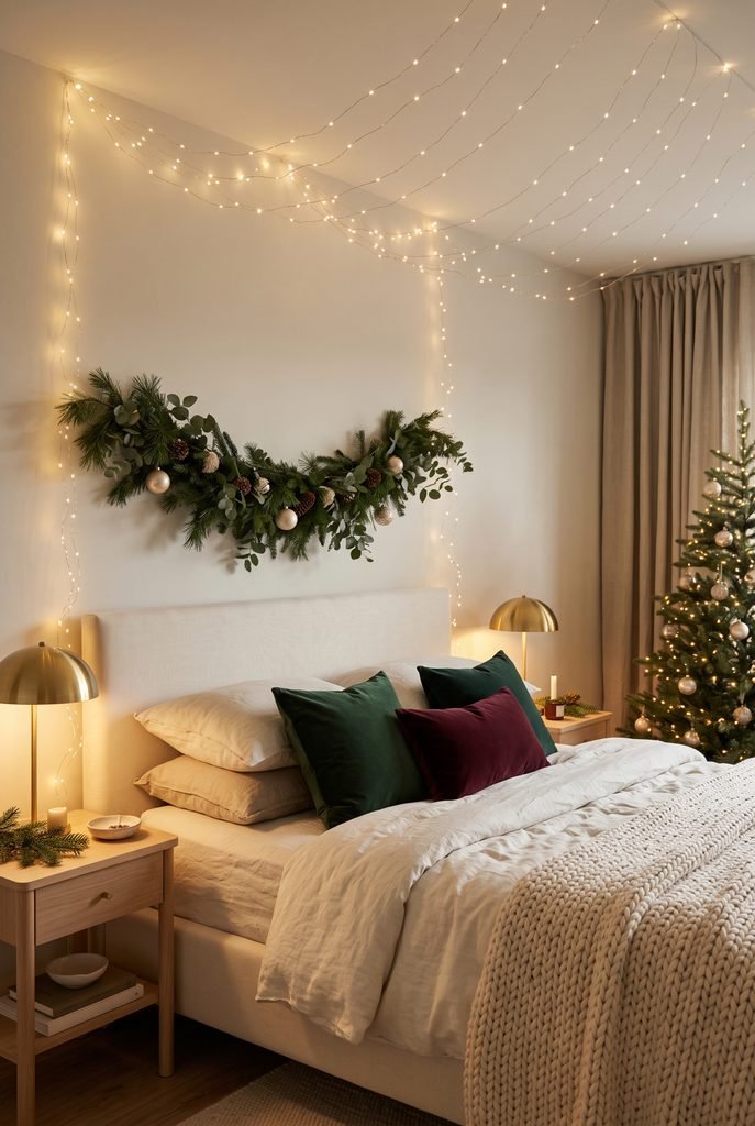 Christmas fairy lights draped above a cozy upholstered bed