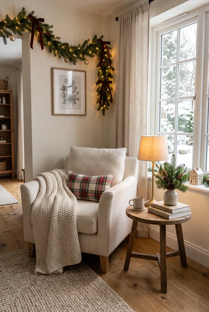 Christmas reading nook with cream armchair, knitted throw, and evergreen accents