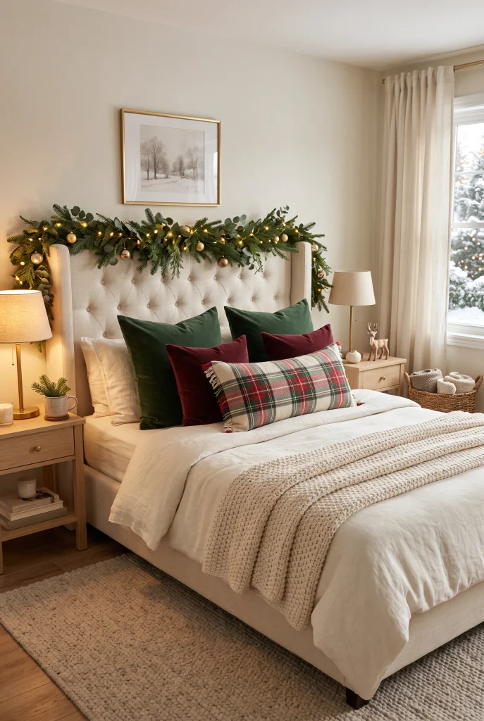 Cozy Christmas bed with ivory bedding, forest green and burgundy pillows, and knitted throw