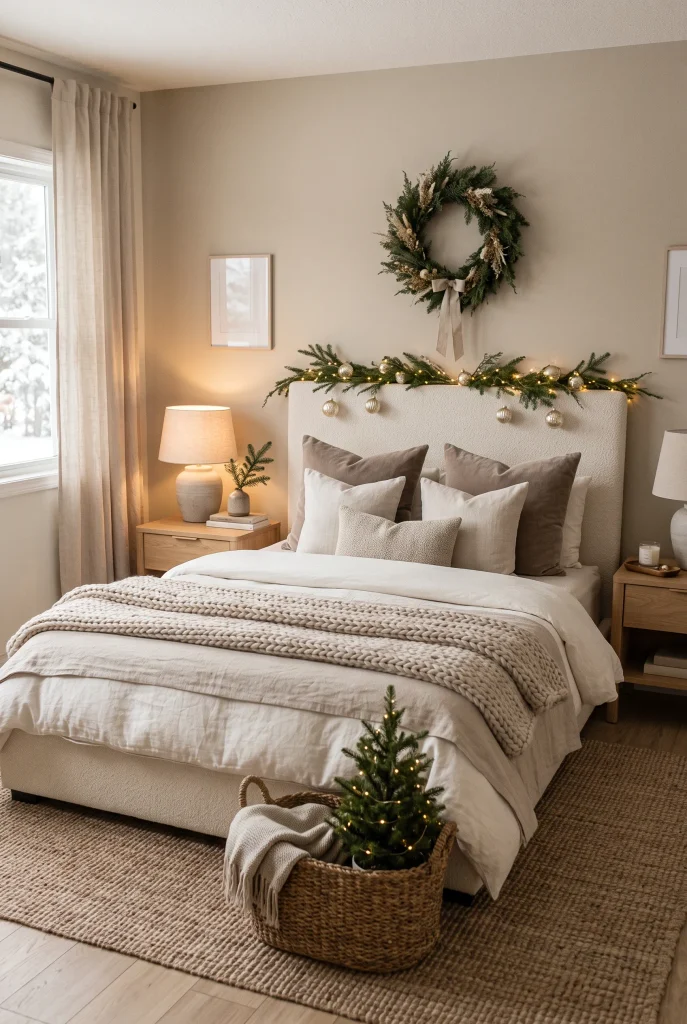 Neutral Christmas bed with ivory bedding, beige layers, and subtle evergreen accents