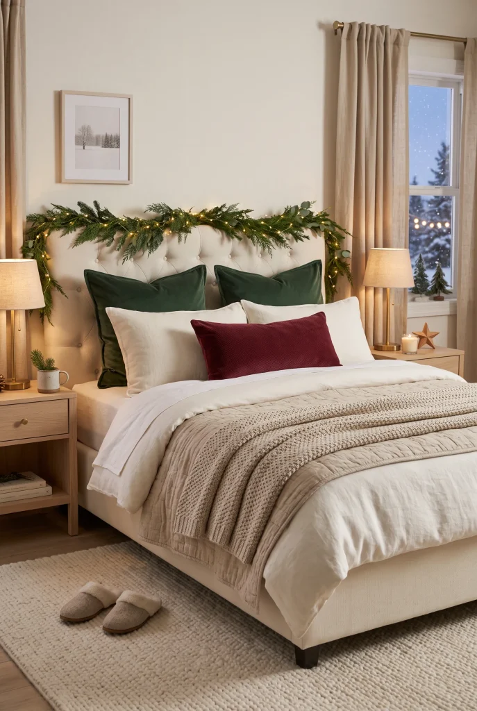 Cozy Christmas bedroom with traditional red and green bedding and evergreen decorations