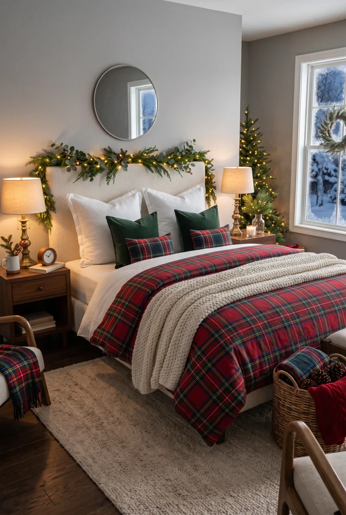 Cozy Christmas bedroom featuring red and green tartan plaid bedding and a chunky knitted throw