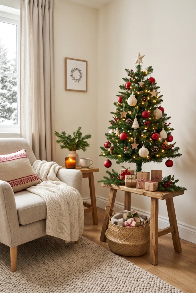 Compact corner Christmas tree with warm lights and small ornaments