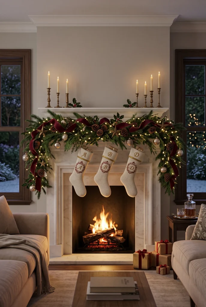 Elegant Christmas mantel decorated with burgundy velvet ribbon, gold ornaments, and brass accents