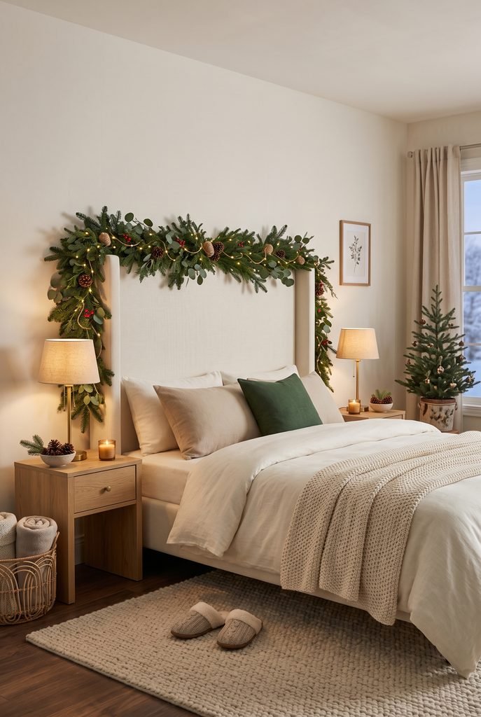 Christmas bedroom with evergreen garland and warm lights around an upholstered headboard