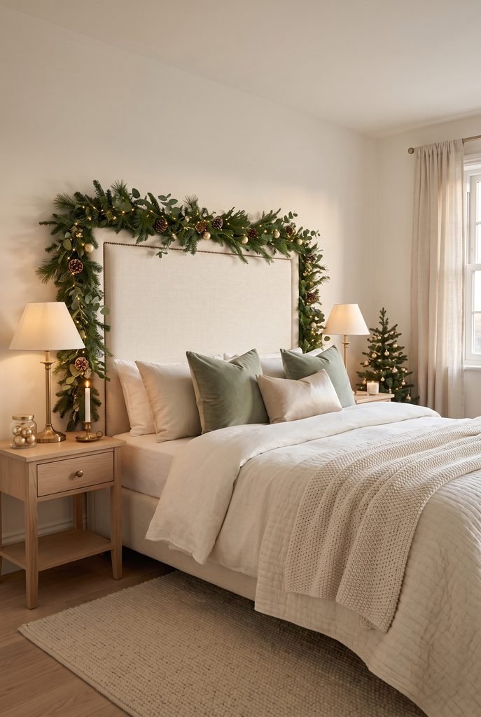 Cream bedroom with evergreen garland and warm white lights around the headboard