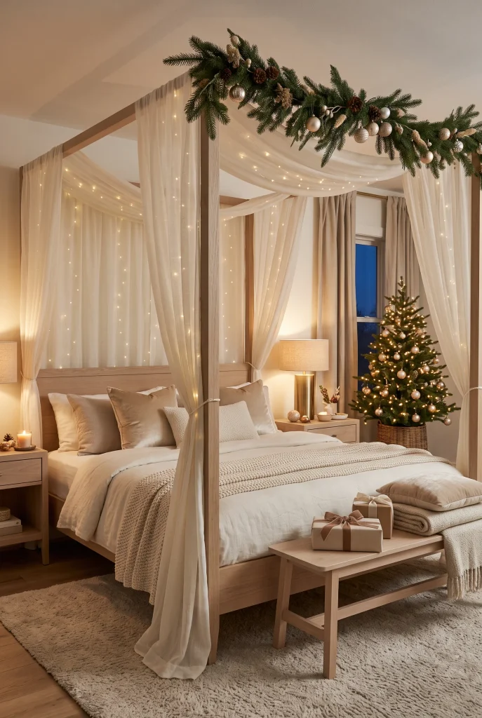 Fairy lights draped across a canopy bed with cream Christmas bedding