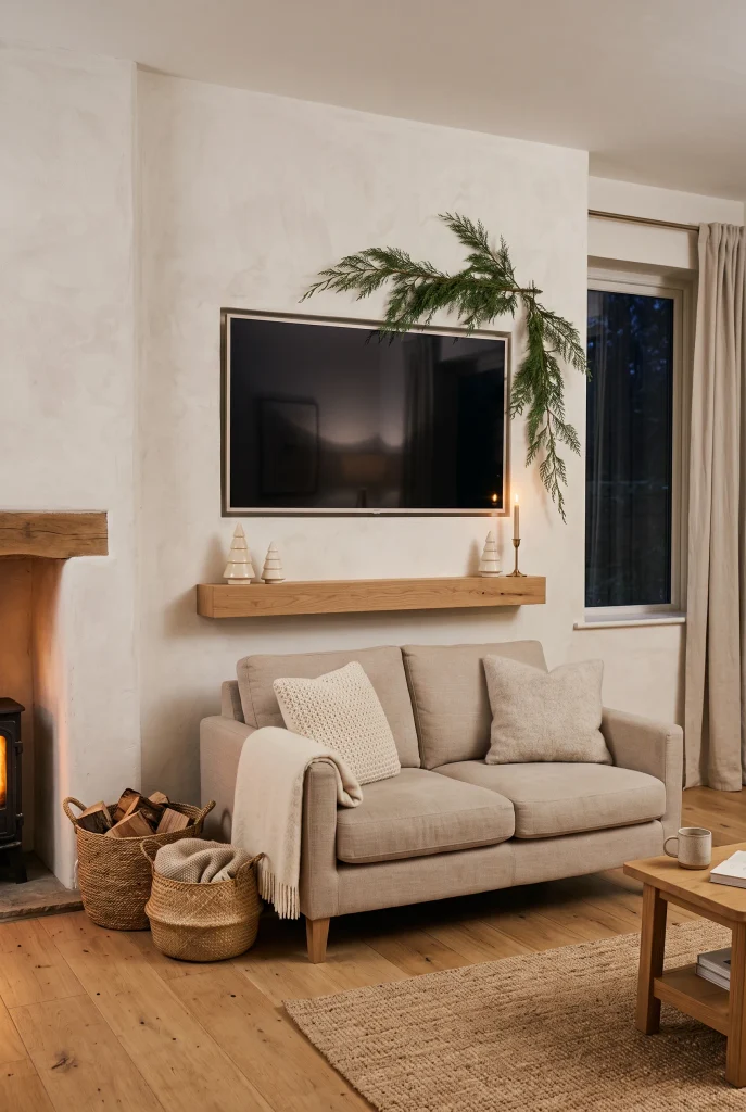 Minimalist Christmas TV wall with greenery, ceramic trees, and neutral decor