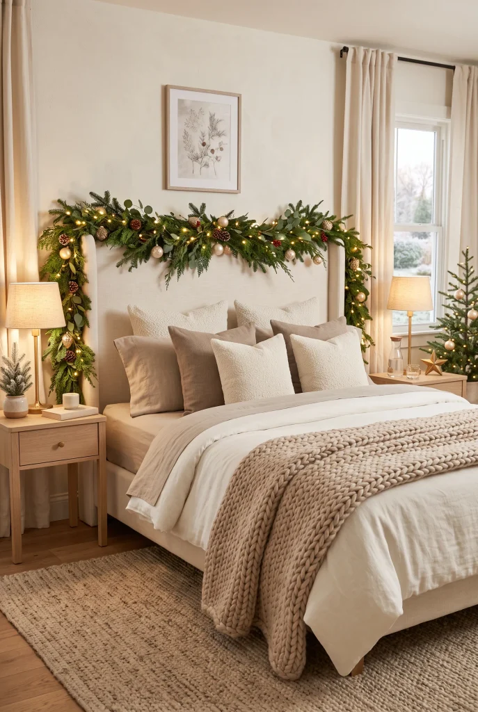 Neutral Christmas bedroom with ivory bedding, beige layers, greenery, and champagne ornaments