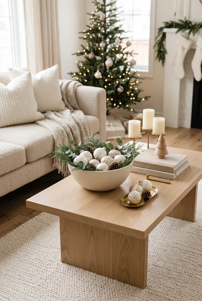 Neutral Christmas coffee table with cream ceramics, greenery, and ornaments