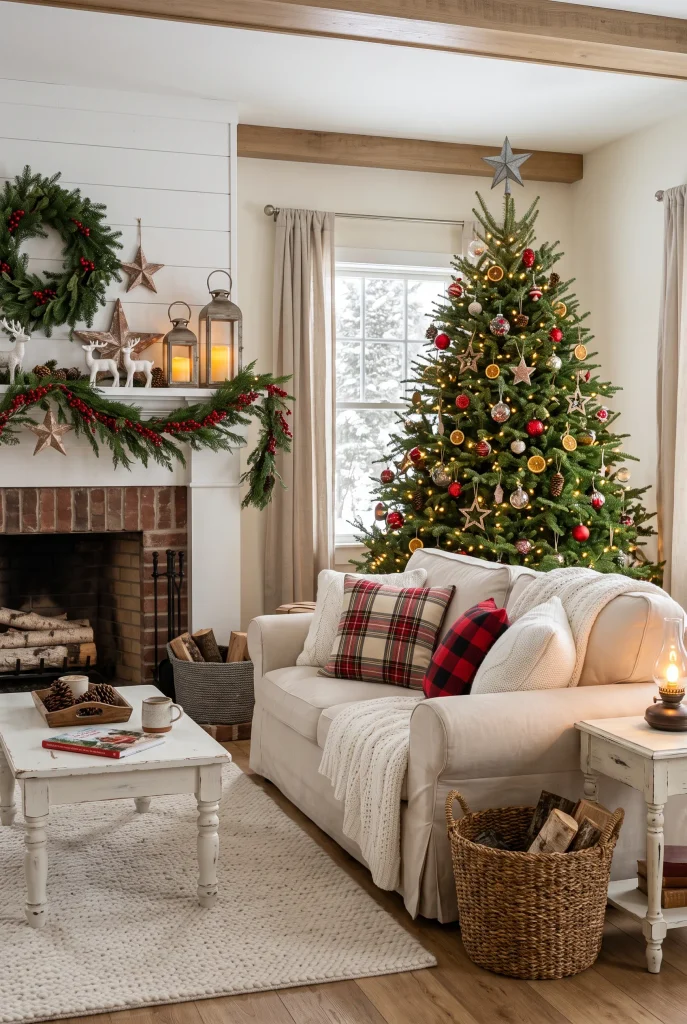 Red and white farmhouse Christmas living room with plaid accents and greenery