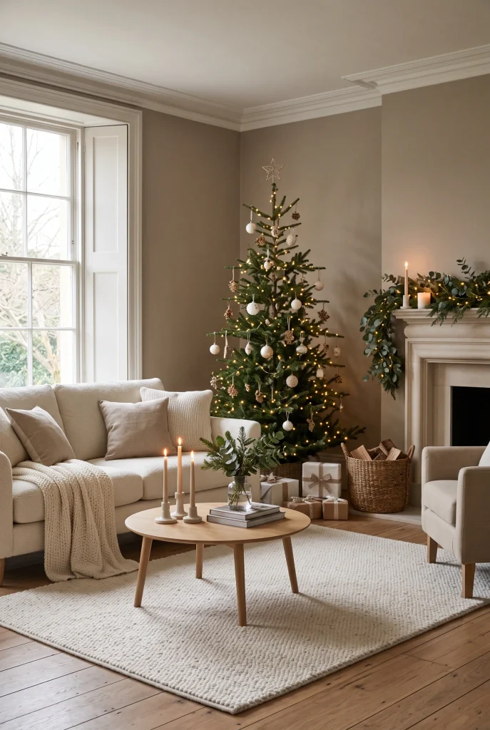 Soft beige Christmas living room with cream furniture and understated seasonal decorations
