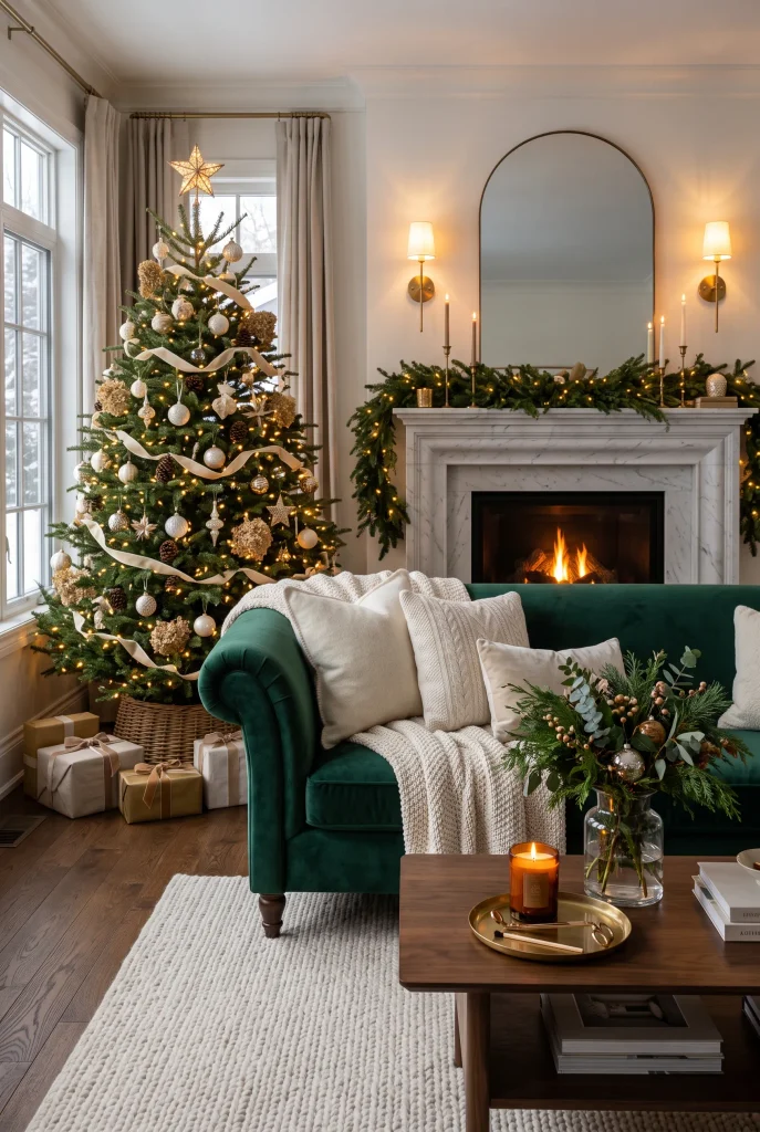 Emerald velvet sofa and elegant Christmas tree with gold and ivory decorations