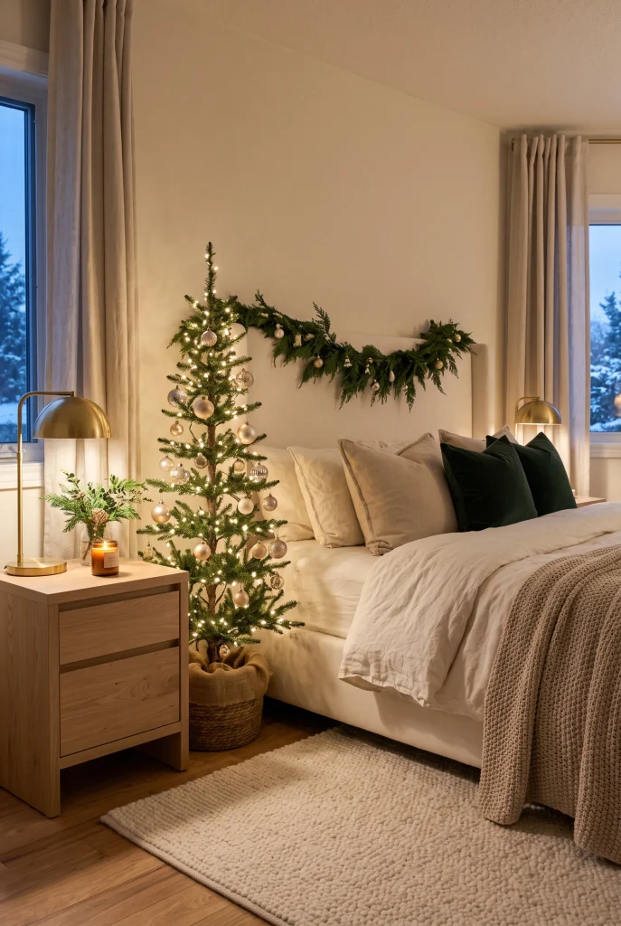 Small glowing Christmas tree beside a cream upholstered bedroom bed