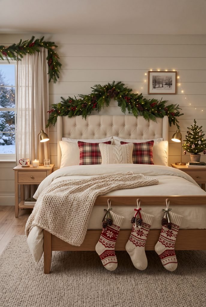 Christmas bedroom decorated with knitted stockings hanging from the footboard