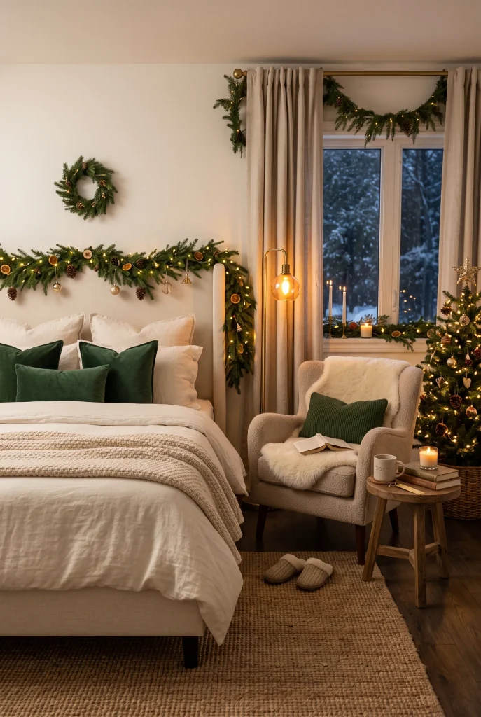 Cozy Christmas bedroom with an armchair reading corner and festive greenery